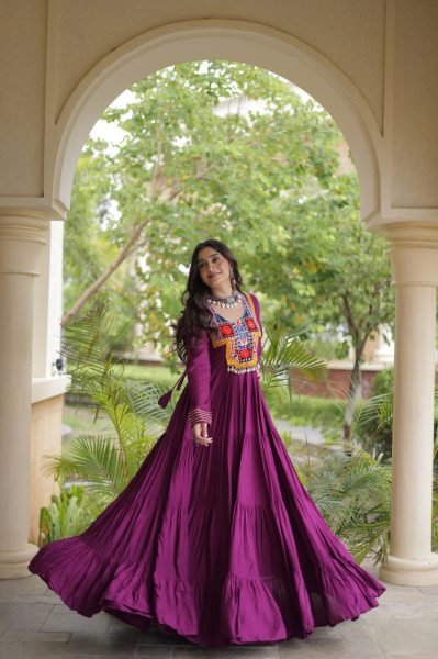 Stunning Wine Party Wear Navratri Reyon Gown with Mirror and Kodi Lace Work Anarkali Kurtis 
