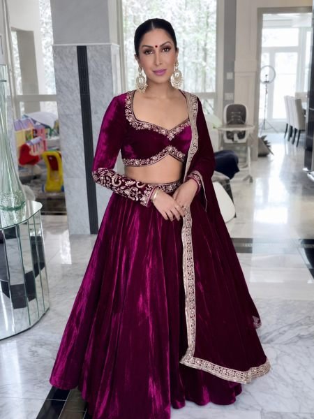 Stunning Wine Velvet Party Wear Lehenga Choli with Embroidered Dupatta at Wholesale Rate  Lehenga
