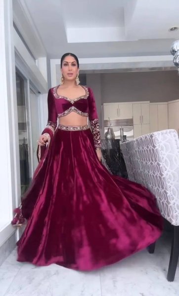 Stunning Wine Velvet Party Wear Lehenga Choli with Embroidered Dupatta at Wholesale Rate Designer Lehenga Choli