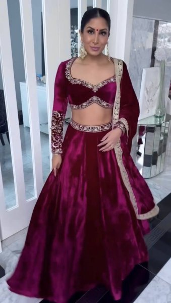 Stunning Wine Velvet Party Wear Lehenga Choli with Embroidered Dupatta at Wholesale Rate Designer Lehenga Choli