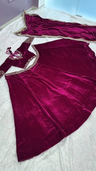 Stunning Wine Velvet Party Wear Lehenga Choli with Embroidered Dupatta at Wholesale Rate Designer Lehenga Choli