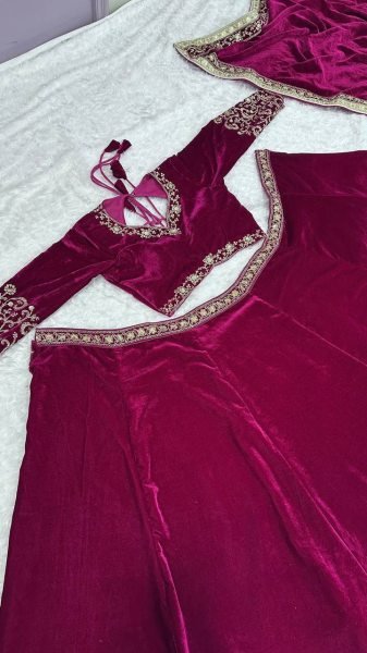 Stunning Wine Velvet Party Wear Lehenga Choli with Embroidered Dupatta at Wholesale Rate Designer Lehenga Choli