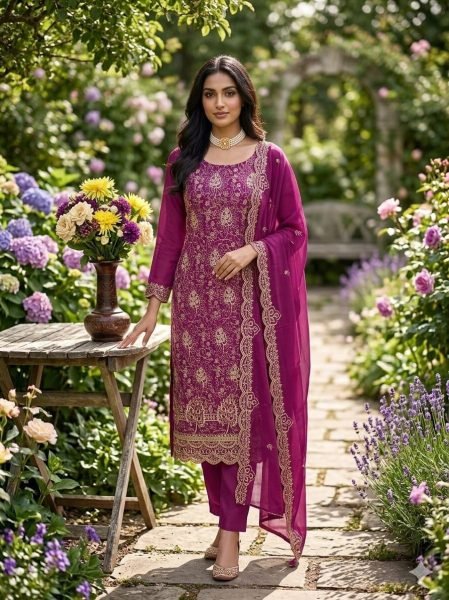 Stunning Wine Vichitra Silk Dress Material with Embroidery Work and Matching Dupatta Color Set Matching Dress Material Wholesale