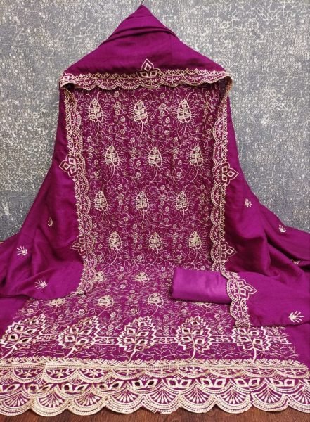 Stunning Wine Vichitra Silk Dress Material with Embroidery Work and Matching Dupatta Color Set Matching Dress Material Wholesale