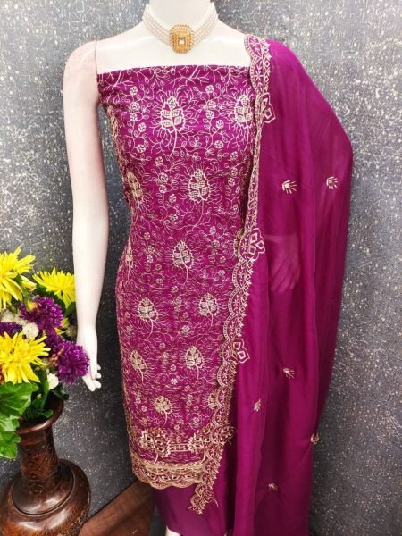 Stunning Wine Vichitra Silk Dress Material with Embroidery Work and Matching Dupatta Color Set Matching Dress Material Wholesale