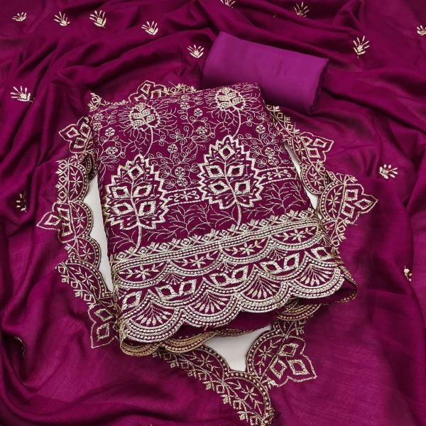 Stunning Wine Vichitra Silk Dress Material with Embroidery Work and Matching Dupatta Color Set Matching Dress Material Wholesale