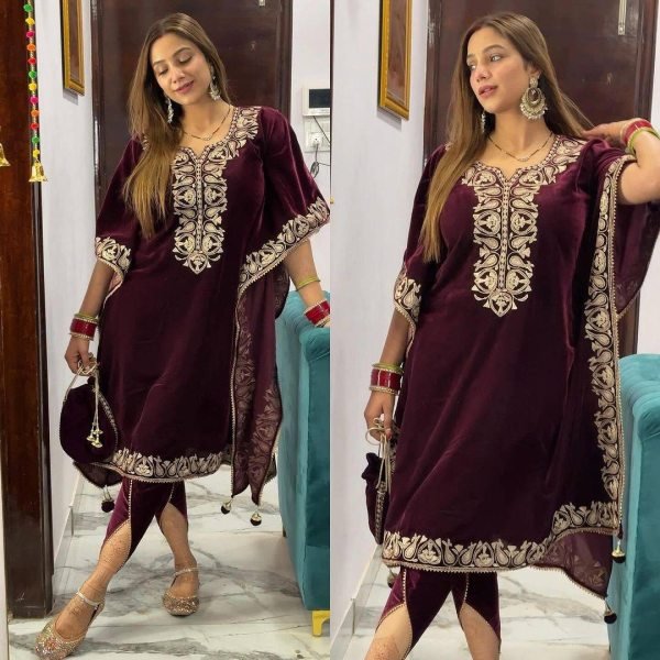 Stunning Winter Partywear  Maroon Velvet Kaftan   Dhoti Style Ready To Wear Collection