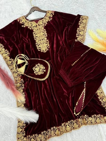 Stunning Winter Partywear  Maroon Velvet Kaftan   Dhoti Style Ready To Wear Collection