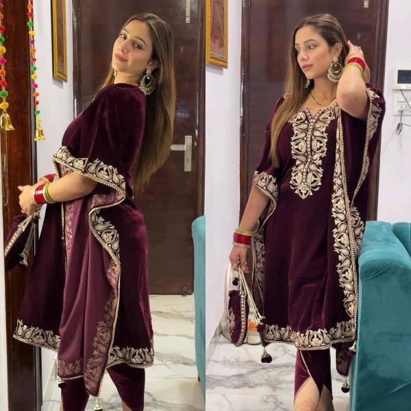 Stunning Winter Partywear  Maroon Velvet Kaftan   Dhoti Style Ready To Wear Collection