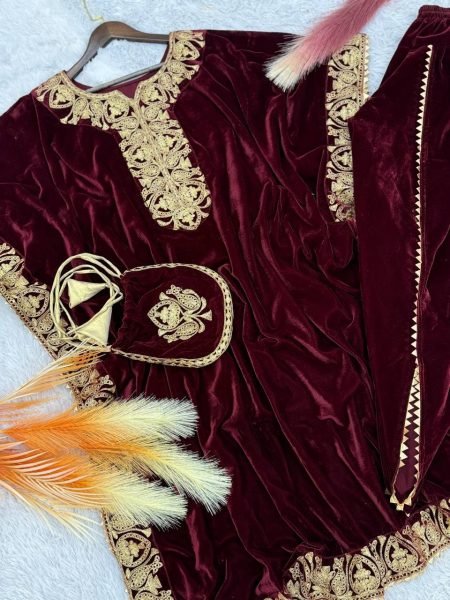 Stunning Winter Partywear  Maroon Velvet Kaftan   Dhoti Style Ready To Wear Collection