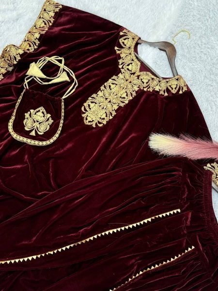 Stunning Winter Partywear  Maroon Velvet Kaftan   Dhoti Style Ready To Wear Collection