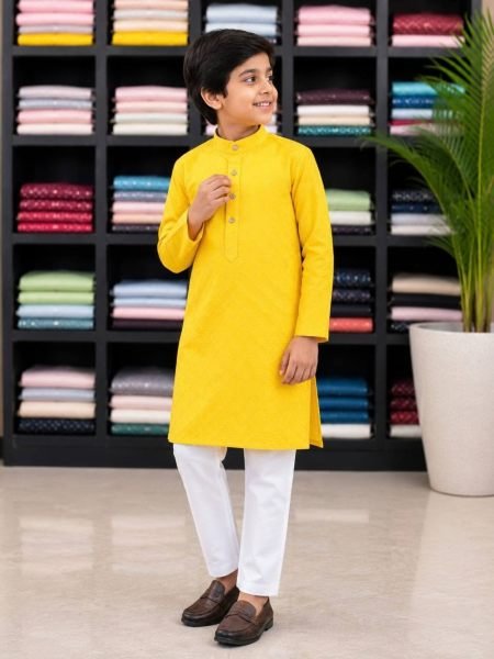 Stunning Yellow Designer Boys Kurta Pyjama Set with Silk Kurta at Manufacturer Rate 