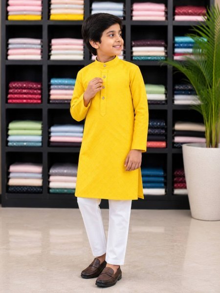 Stunning Yellow Designer Boys Kurta Pyjama Set with Silk Kurta at Manufacturer Rate Boys Wear