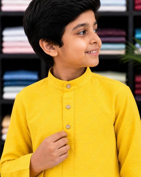 Stunning Yellow Designer Boys Kurta Pyjama Set with Silk Kurta at Manufacturer Rate Boys Wear