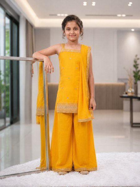 Stunning Yellow Kids Designer Sequins Embroidery Palazzo Suit for Girls Kurtis