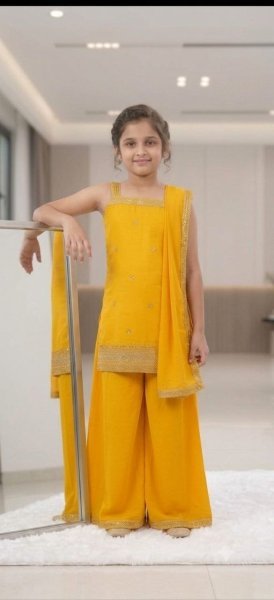 Stunning Yellow Kids Designer Sequins Embroidery Palazzo Suit for Girls Girls Wear