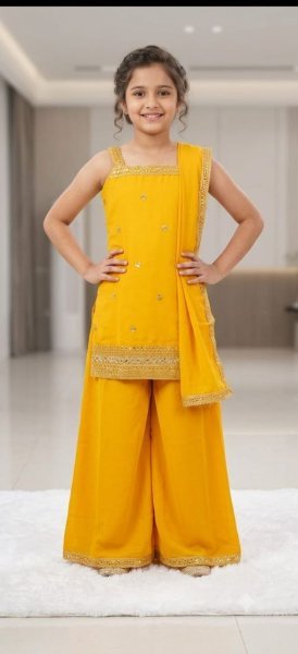 Stunning Yellow Kids Designer Sequins Embroidery Palazzo Suit for Girls Girls Wear