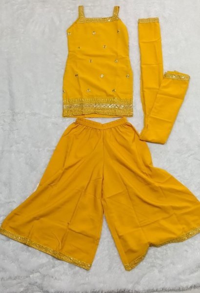 Stunning Yellow Kids Designer Sequins Embroidery Palazzo Suit for Girls Girls Wear