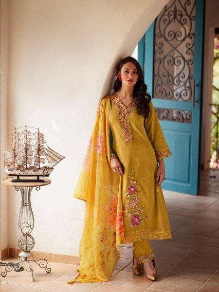 Stunning Yellow Pure Cotton Embroidered Kurti Pant Dupatta Set with Organza Digital Print Dupatta Salwar Kameez