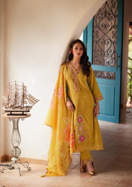 Stunning Yellow Pure Cotton Embroidered Kurti Pant Dupatta Set with Organza Digital Print Dupatta Pakistani Suits Wholesale