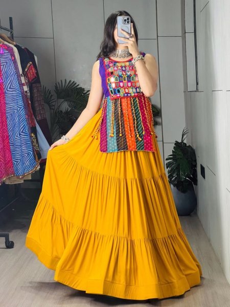 Stunning Yellow Rayon Chaniya Choli with Mirror Work and Latkan Dori for Women 