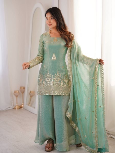 Style Diva Fendy Silk Sharara Palazzo Set With Embroidery Sequence Work And Lece Border Dupatta  Ready To Wear Suit