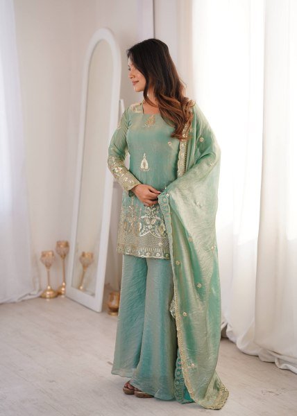 Style Diva Fendy Silk Sharara Palazzo Set With Embroidery Sequence Work And Lece Border Dupatta  Ready To Wear Collection