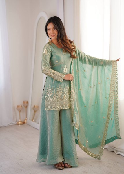 Style Diva Fendy Silk Sharara Palazzo Set With Embroidery Sequence Work And Lece Border Dupatta  Ready To Wear Collection