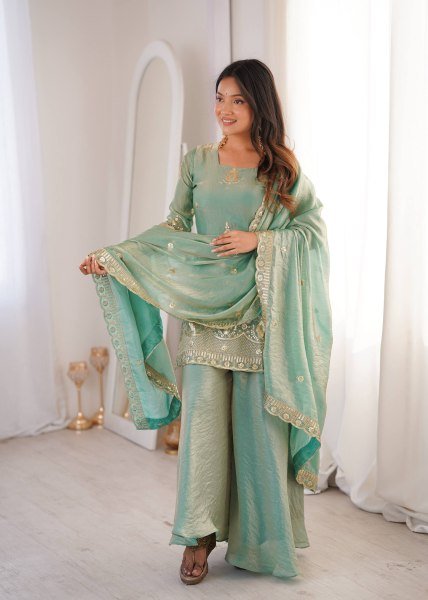 Style Diva Fendy Silk Sharara Palazzo Set With Embroidery Sequence Work And Lece Border Dupatta  Ready To Wear Collection
