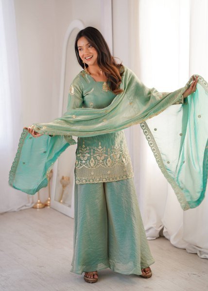 Style Diva Fendy Silk Sharara Palazzo Set With Embroidery Sequence Work And Lece Border Dupatta  Ready To Wear Collection