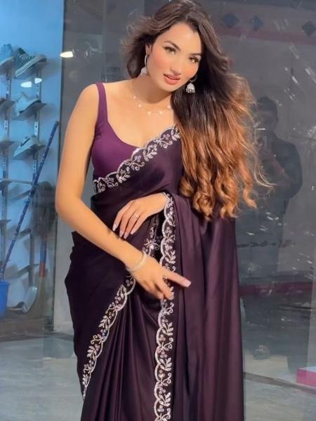 Style Rich Black Purple Saree with Handmade Diamond Work For Party Wear At Best Rates