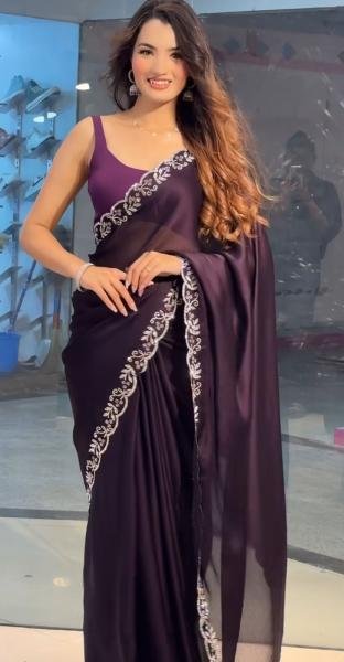 Style Rich Black Purple Saree with Handmade Diamond Work For Party Wear At Best Rates Designer Wedding Sarees Wholesale