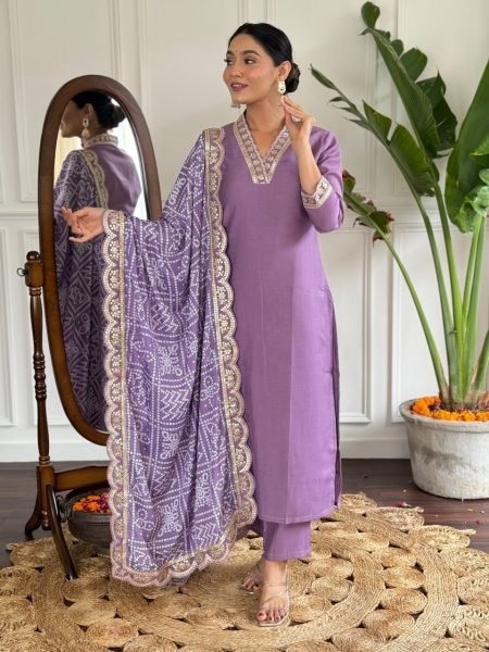 Buy lavender Kurta Set in Viscose Chanderi  For Women  3 Piece Kurti Set