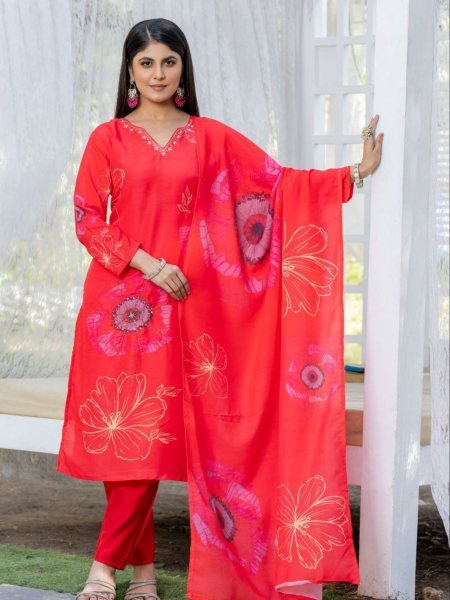 Stylish 3 Piece red color Floral Printed and Heavy Hand Work  