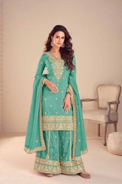 Stylish Art Sky Blue Silk Cyan Embroidered Readymade Palazzo Salwar Suit Embroidery Suits Wholesale