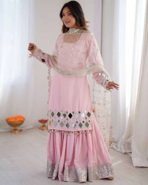 Stylish Baby Pink Real Mirror Work Suit With  9MM Sequence Detailing Sharara And Dupatta Ready To Wear Suit