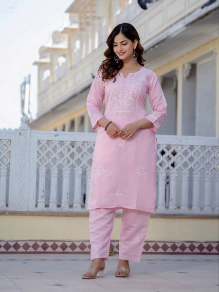 Stylish Baby Pink Women's Premium Roman Silk Embroidered Kurta Pant Set for Festive and Party Wear  Kurtis