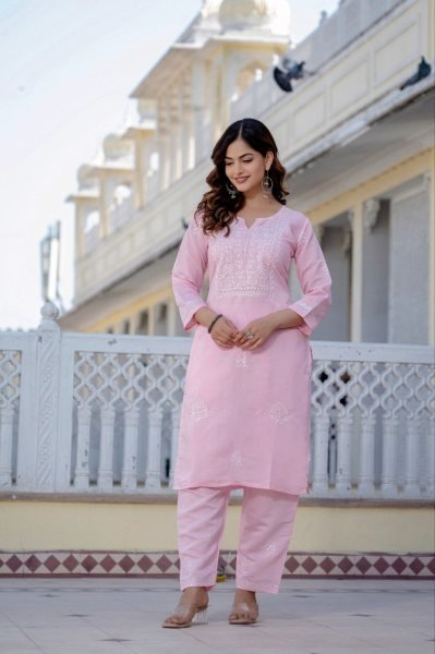 Stylish Baby Pink Women's Premium Roman Silk Embroidered Kurta Pant Set for Festive and Party Wear  Embroidery Kurtis 