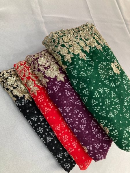 Stylish Bandhej Embroidered Georgette Saree with Cutwork Border Readymade Export Collection for Wholesale Buyers Georgette Sarees Wholesale