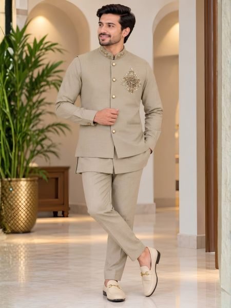 Stylish Beige Men   s Premium Linen Koti Set with Heavy Designer Brooch at Manufacturer  
