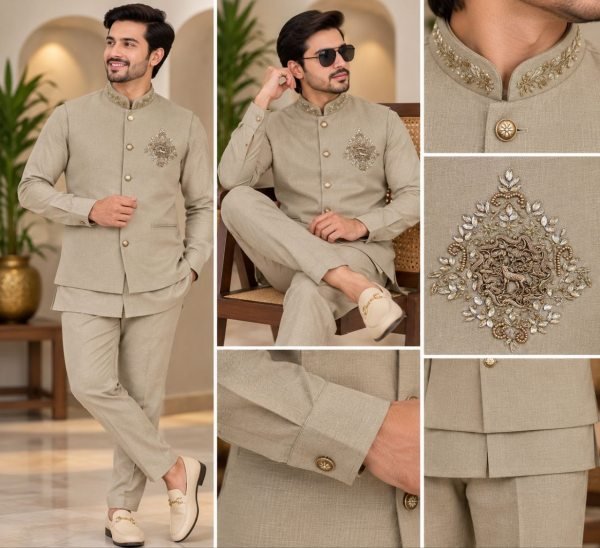 Stylish Beige Men   s Premium Linen Koti Set with Heavy Designer Brooch at Manufacturer  Mens Shirt