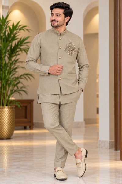 Stylish Beige Men   s Premium Linen Koti Set with Heavy Designer Brooch at Manufacturer  Mens Shirt