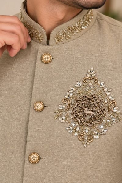 Stylish Beige Men   s Premium Linen Koti Set with Heavy Designer Brooch at Manufacturer  Mens Shirt