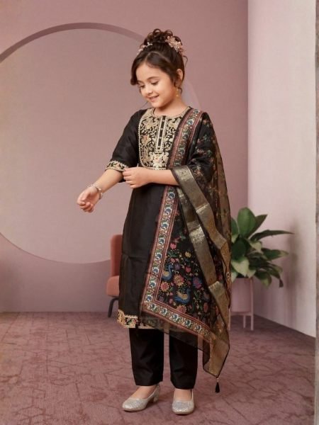 Stylish Black Designer Girls Rayon Slub Three Piece Suit Set for Festival Wear Kurtis