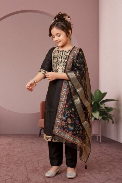 Stylish Black Designer Girls Rayon Slub Three Piece Suit Set for Festival Wear Girls Wear