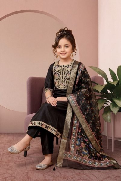 Stylish Black Designer Girls Rayon Slub Three Piece Suit Set for Festival Wear Girls Wear