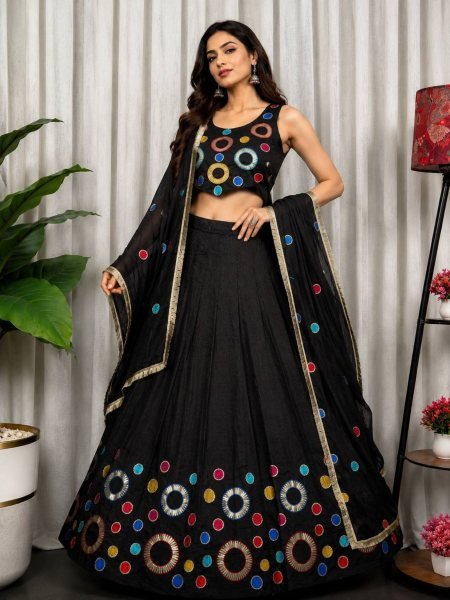 Stylish Black Designer Vichitra Silk Lehenga Choli with Multi Thread Embroidery  Lehenga