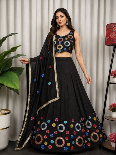Stylish Black Designer Vichitra Silk Lehenga Choli with Multi Thread Embroidery Navratri Lehnega Choli