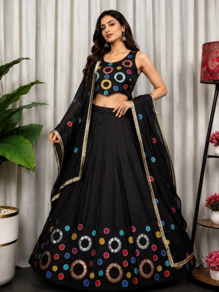 Stylish Black Designer Vichitra Silk Lehenga Choli with Multi Thread Embroidery Navratri Lehnega Choli