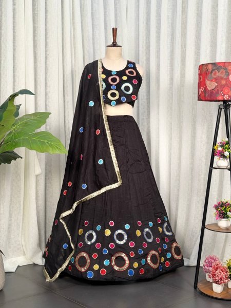 Stylish Black Designer Vichitra Silk Lehenga Choli with Multi Thread Embroidery Navratri Lehnega Choli